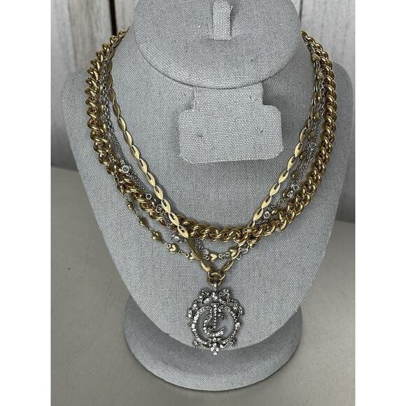 Juicy Couture Gold & Silver Tone Layered Necklace Rhinestone Y2K Chunky